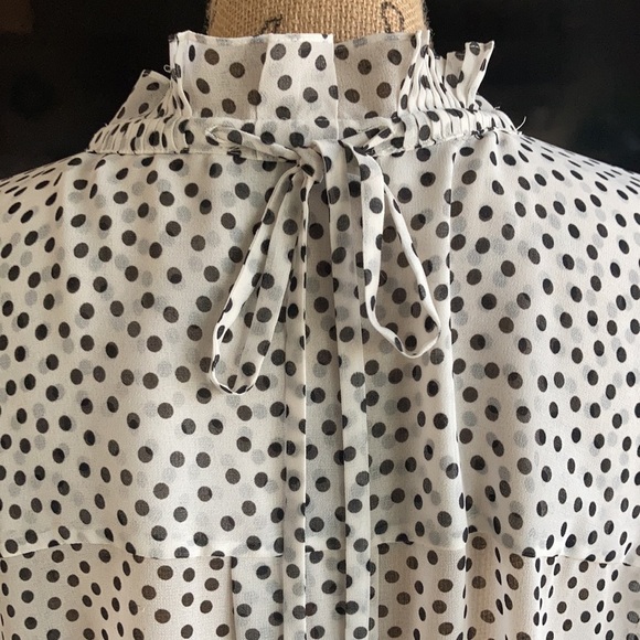 Zara oversized white sheer blouse black polka dots high ruffle neck button down - Picture 12 of 15